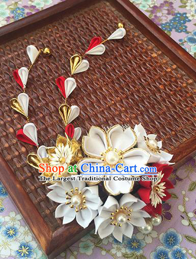 Japanese Geisha Courtesan Kimono White Sakura Hair Comb Tassel Hairpins Traditional Yamato Hair Accessories for Women
