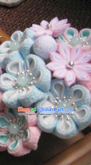 Japanese Geisha Courtesan Blue Sakura Tassel Hairpins Traditional Yamato Kimono Hair Accessories for Women