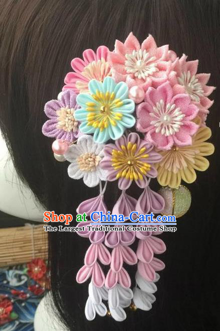 Japanese Geisha Courtesan Kimono Lilac Chrysanthemum Tassel Hair Comb Hairpins Traditional Yamato Hair Accessories for Women