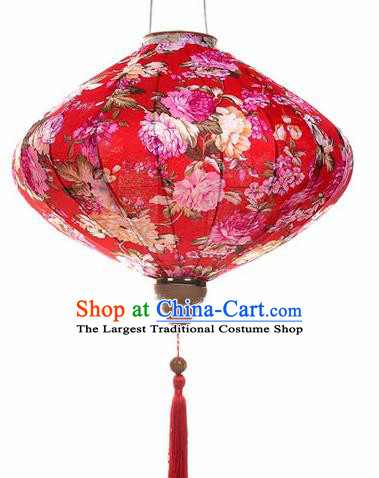 Chinese Traditional Red Silk Hanging Lantern New Year Handmade Painting Peony Palace Lanterns