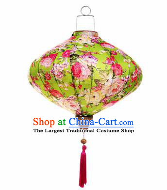 Chinese Traditional Light Green Silk Hanging Lantern New Year Handmade Painting Peony Palace Lanterns