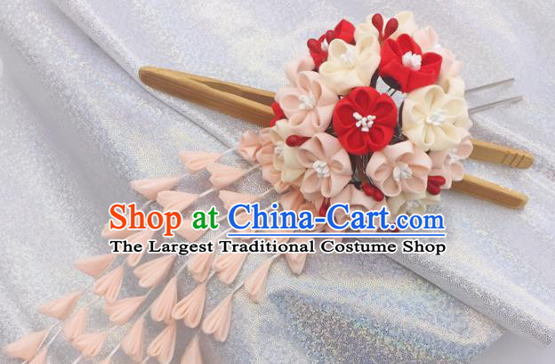 Japanese Geisha Courtesan Kimono Pink Sakura Tassel Hairpins Traditional Yamato Hair Accessories for Women