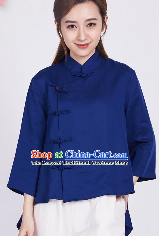 Chinese Traditional Martial Arts Navy Slant Opening Blouse Tai Chi Competition Shirt Costume for Women