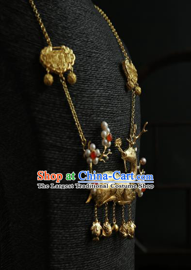 Chinese Ancient Court Golden Deer Longevity Lock Necklace Traditional Princess Hanfu Necklet Accessories for Women