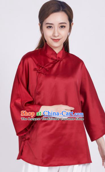 Chinese Traditional Martial Arts Red Slant Opening Blouse Tai Chi Competition Shirt Costume for Women