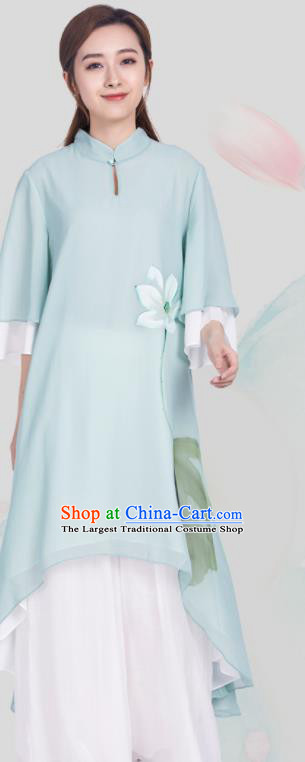 Chinese Traditional Tang Suit Martial Arts Ink Painting Lotus Green Blouse Tai Chi Competition Costume for Women