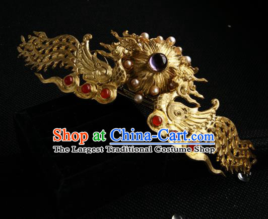 Chinese Ancient Tang Dynasty Queen Golden Phoenix Hair Comb Hairpins Traditional Hanfu Hair Accessories for Women
