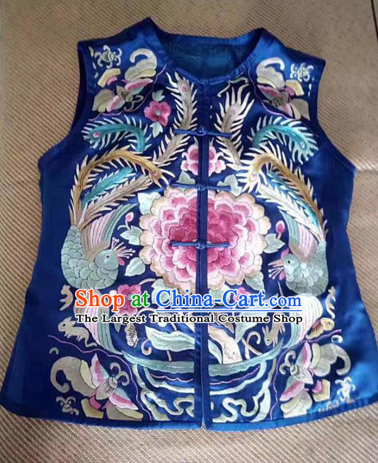 Chinese Traditional Tang Suit Embroidered Royalblue Vest National Waistcoat Costume for Women