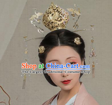 Chinese Ancient Tang Dynasty Queen Golden Phoenix Coronet Hairpins Traditional Hanfu Hair Accessories Complete Set for Women