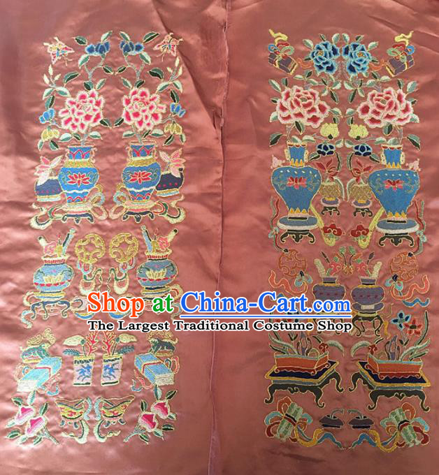 Chinese Handmade Embroidered Flowers Vase Pink Silk Fabric Patch Traditional Embroidery Craft