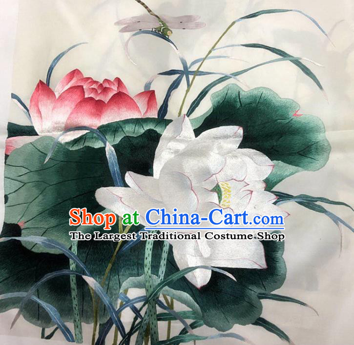 Chinese Handmade Embroidered Lotus Silk Fabric Patch Traditional Embroidery Craft