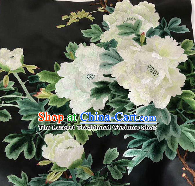Chinese Handmade Embroidered White Peony Silk Fabric Patch Traditional Embroidery Craft