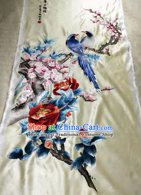 Chinese Handmade Embroidered Camellia Magpie Silk Fabric Patch Traditional Embroidery Craft