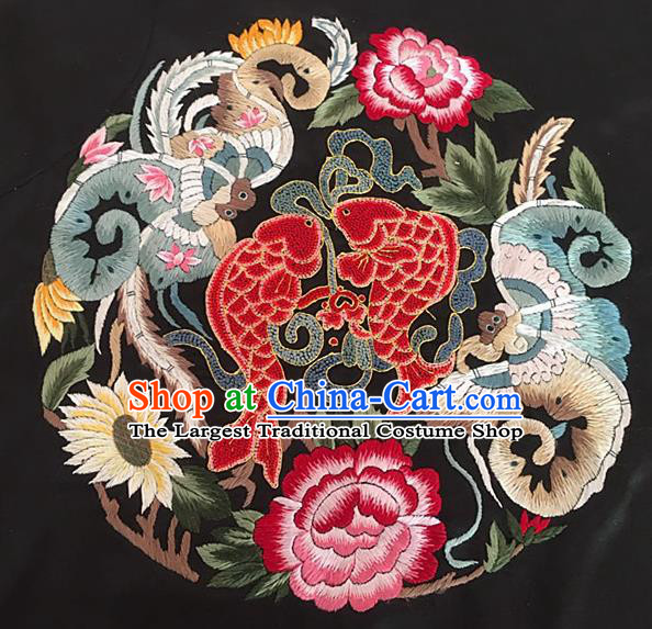 Chinese Handmade Embroidered Carps Peony Silk Fabric Patch Traditional Embroidery Craft