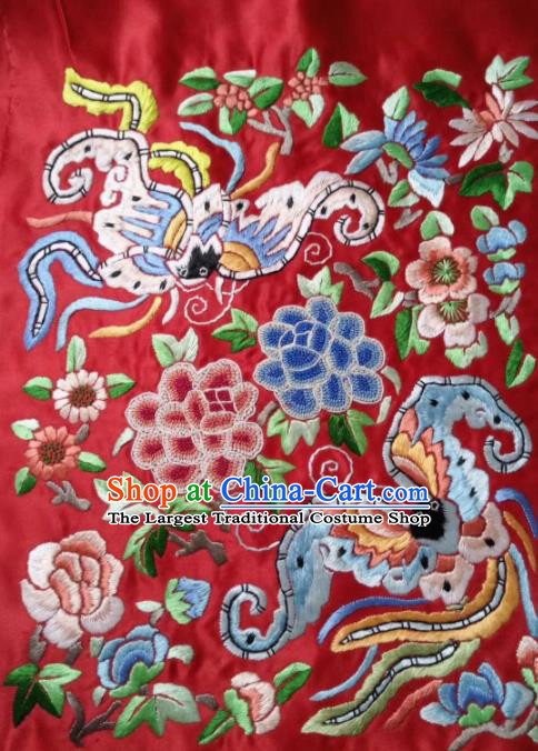 Chinese Handmade Embroidered Phoenix Peony Red Silk Fabric Patch Traditional Embroidery Craft