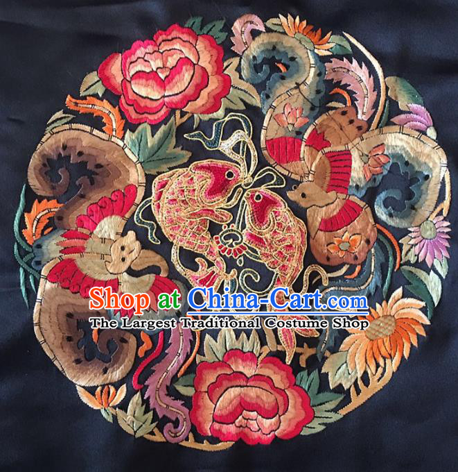 Chinese Handmade Embroidered Peony Carps Silk Fabric Patch Traditional Embroidery Craft