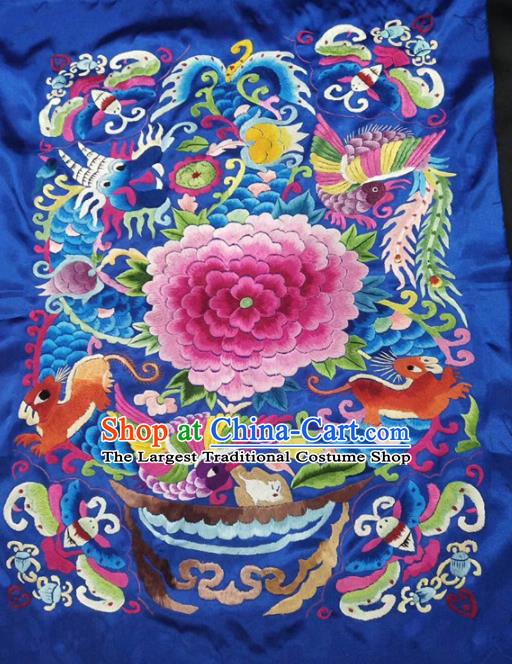 Chinese Handmade Embroidered Peony Royalblue Silk Fabric Patch Traditional Embroidery Craft