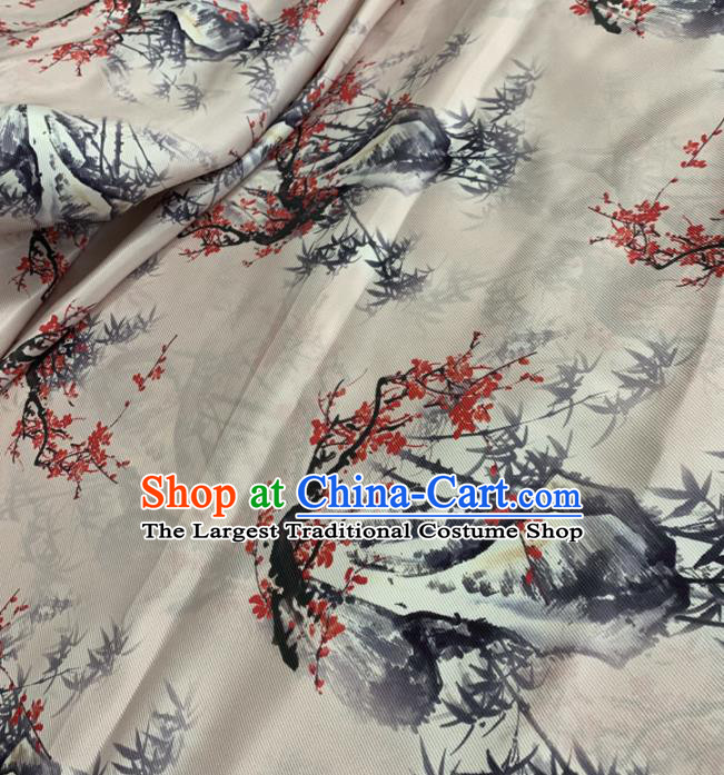 Traditional Chinese Royal Bamboo Plum Pattern Design White Brocade Silk Fabric Asian Satin Material