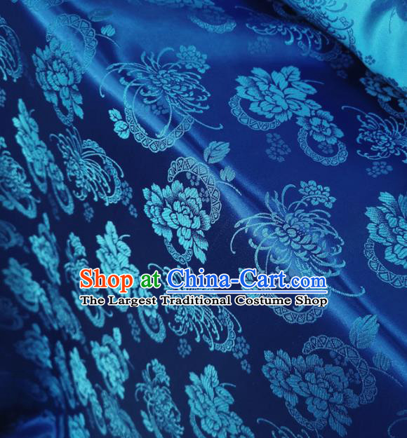 Traditional Chinese Royal Chrysanthemum Peony Pattern Design Royalblue Brocade Silk Fabric Asian Satin Material