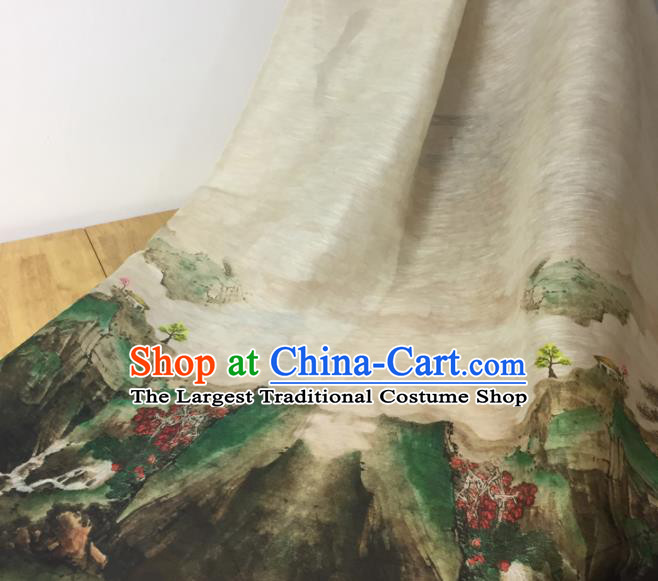 Chinese Traditional Landscape Pattern Design Beige Silk Fabric Brocade Asian Satin Material