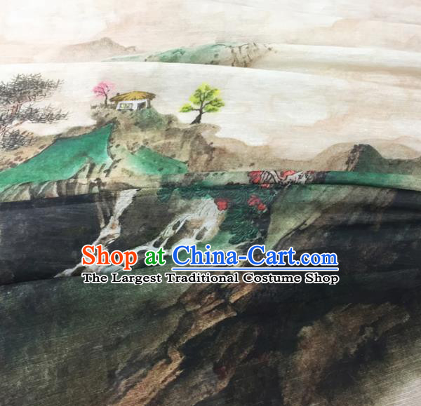Chinese Traditional Landscape Pattern Design Beige Silk Fabric Brocade Asian Satin Material