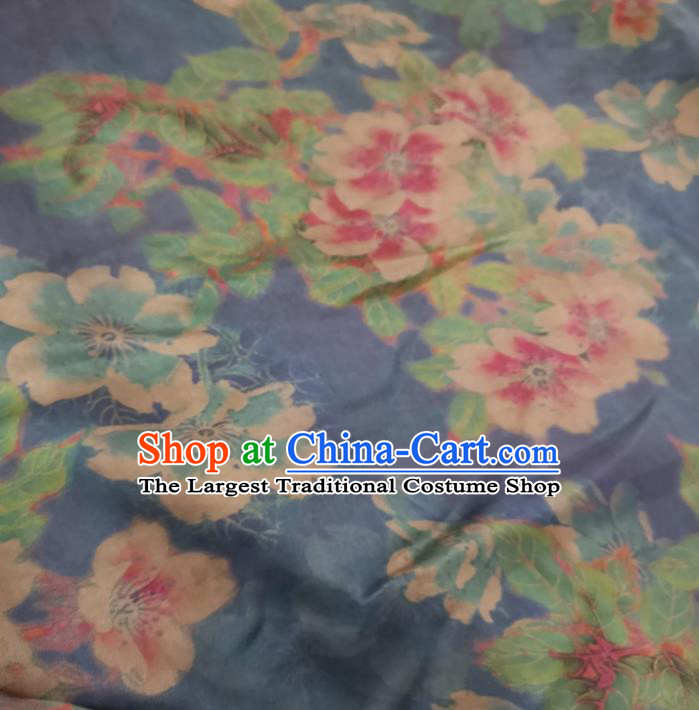 Traditional Chinese Royal Peach Flowers Pattern Design Navy Brocade Silk Fabric Asian Satin Material