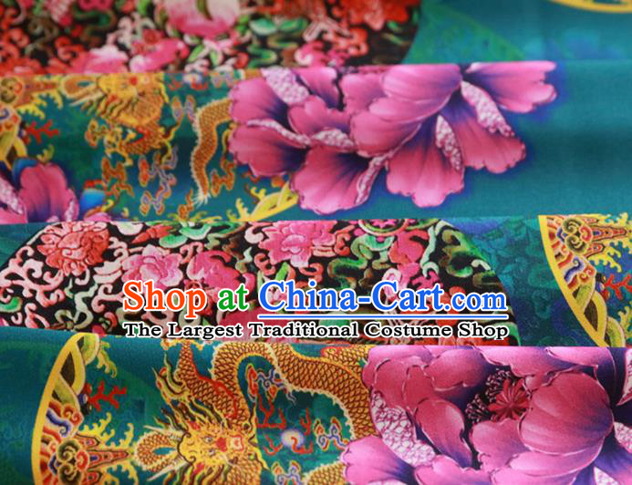 Chinese Traditional Lucky Peony Pattern Design Deep Green Satin Brocade Fabric Asian Silk Material