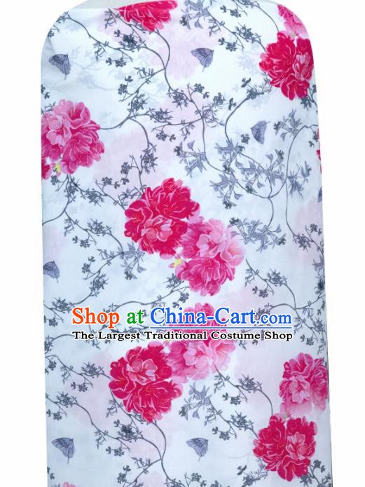 Chinese Traditional Peony Pattern Design White Satin Brocade Fabric Asian Silk Material