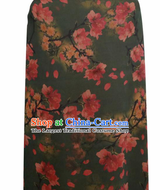 Chinese Traditional Peach Blossom Pattern Design Olive Green Satin Brocade Fabric Asian Silk Material