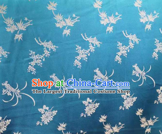 Chinese Traditional Chrysanthemum Orchid Pattern Design Blue Satin Brocade Fabric Asian Silk Material