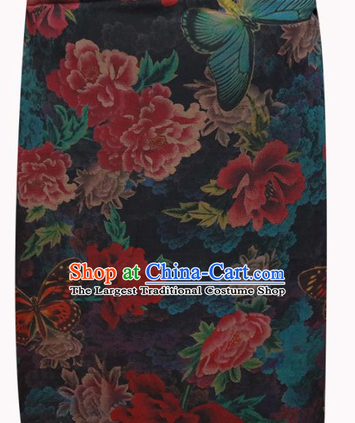 Chinese Traditional Peony Flowers Pattern Design Navy Satin Brocade Fabric Asian Silk Material