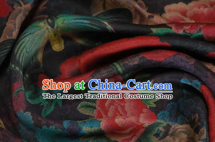 Chinese Traditional Peony Flowers Pattern Design Navy Satin Brocade Fabric Asian Silk Material