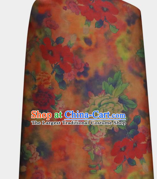 Chinese Traditional Peony Flowers Pattern Design Orange Satin Brocade Fabric Asian Silk Material