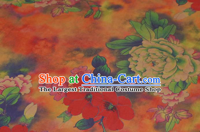 Chinese Traditional Peony Flowers Pattern Design Orange Satin Brocade Fabric Asian Silk Material