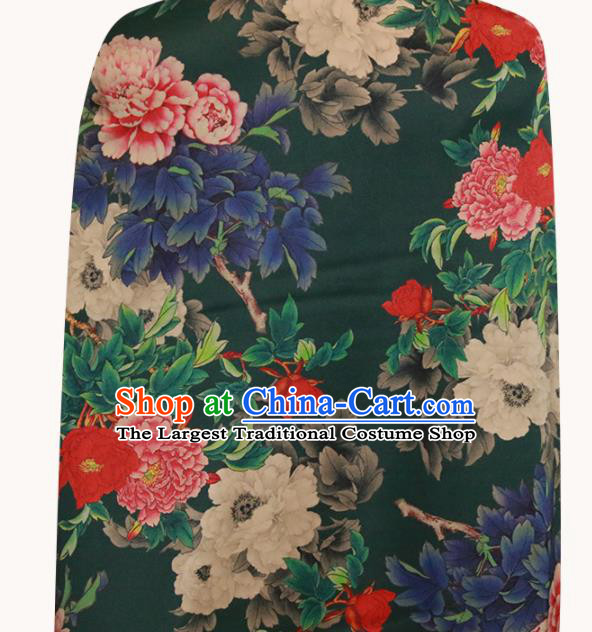 Chinese Traditional Peony Pattern Design Deep Green Satin Brocade Fabric Asian Silk Material