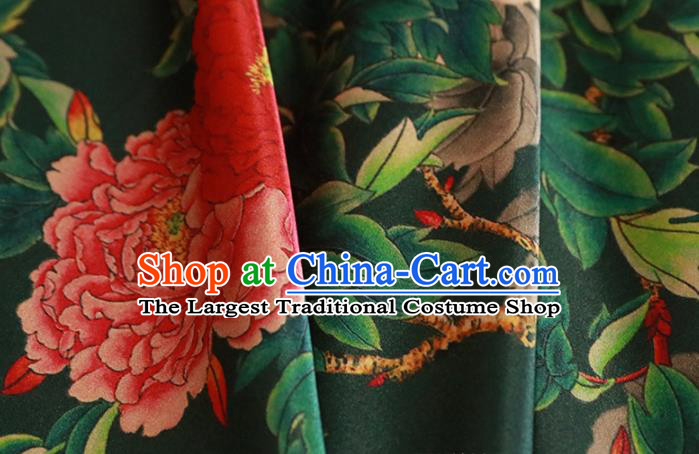 Chinese Traditional Peony Pattern Design Deep Green Satin Brocade Fabric Asian Silk Material