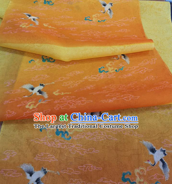 Chinese Traditional Cloud Cranes Pattern Design Orange Silk Fabric Brocade Asian Satin Material