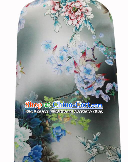 Chinese Traditional Peach Blossom Pattern Design Grey Satin Brocade Fabric Asian Silk Material