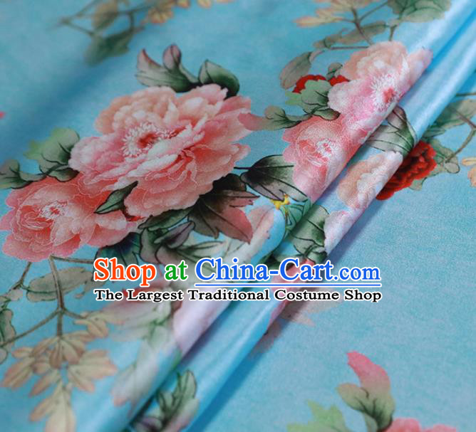 Chinese Traditional Peony Pattern Design Blue Satin Brocade Fabric Asian Silk Material