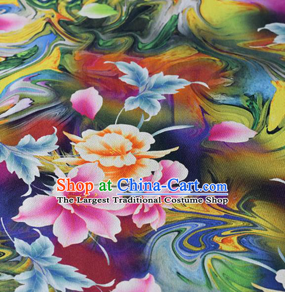 Chinese Traditional Flowers Pattern Design Cheongsam Deep Blue Satin Brocade Fabric Asian Silk Material