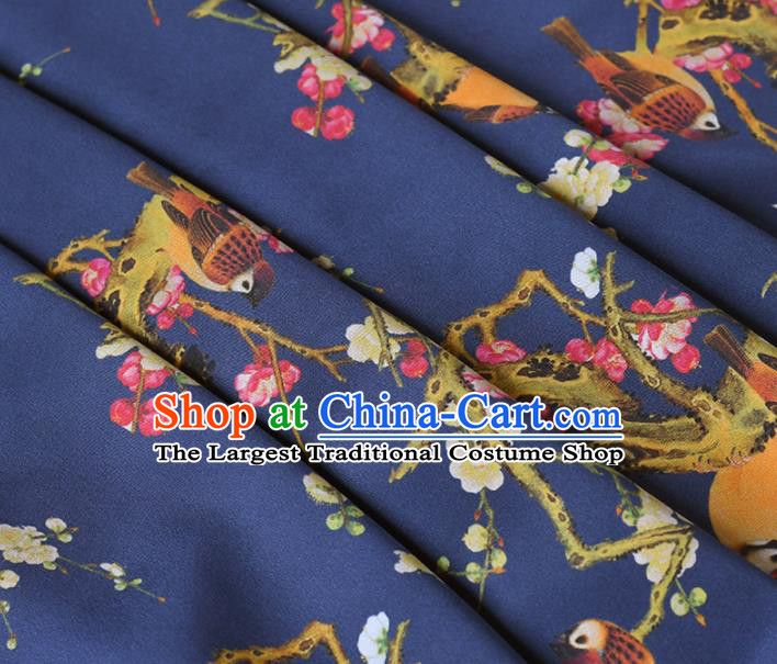 Chinese Traditional Plum Birds Pattern Design Cheongsam Navy Satin Brocade Fabric Asian Silk Material