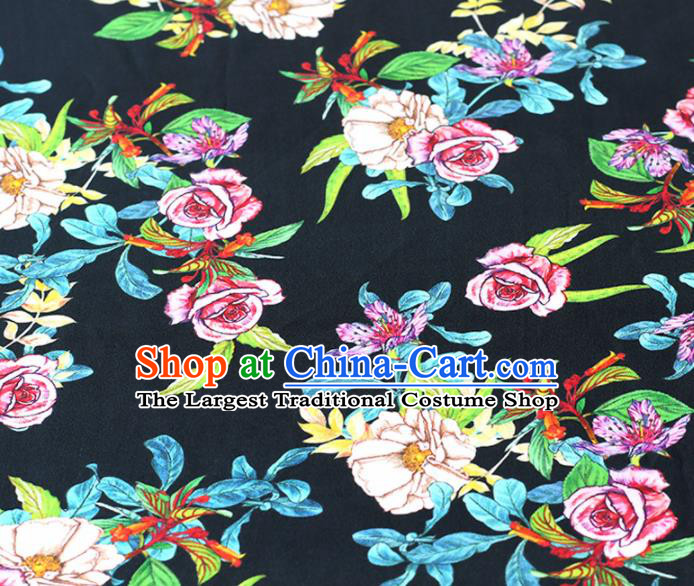 Chinese Traditional Roses Pattern Design Cheongsam Black Satin Brocade Fabric Asian Silk Material