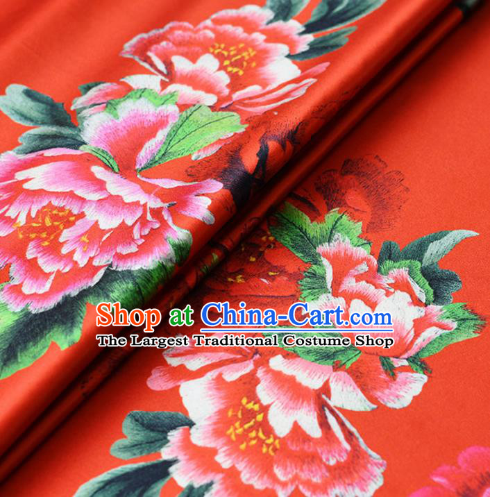 Chinese Traditional Peony Pattern Design Cheongsam Red Satin Brocade Fabric Asian Silk Material