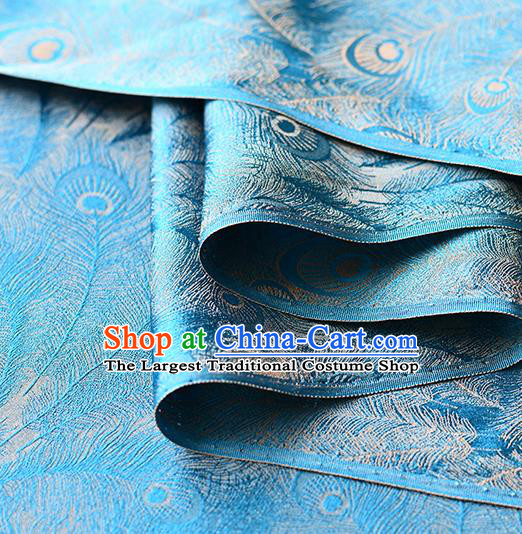 Chinese Traditional Feather Pattern Design Cheongsam Blue Satin Brocade Fabric Asian Silk Material