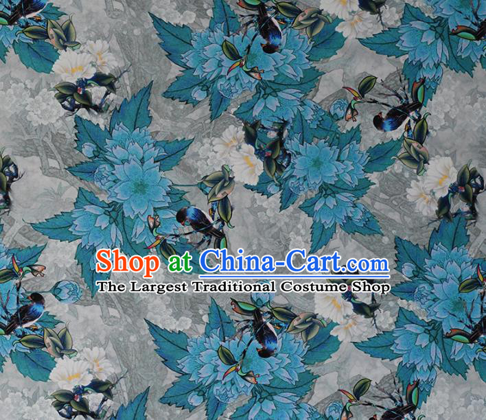 Chinese Traditional Blue Peach Blossom Pattern Design Satin Brocade Fabric Asian Silk Material