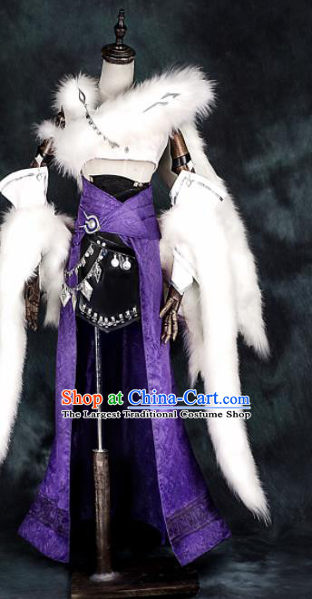 Chinese Ancient Cosplay Heroine Female Assassin Purple Dress Traditional Hanfu Swordsman Costume for Women
