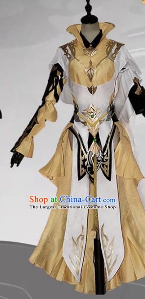 Chinese Ancient Cosplay Heroine Female Knight Golden Dress Traditional Hanfu Swordsman Costume for Women