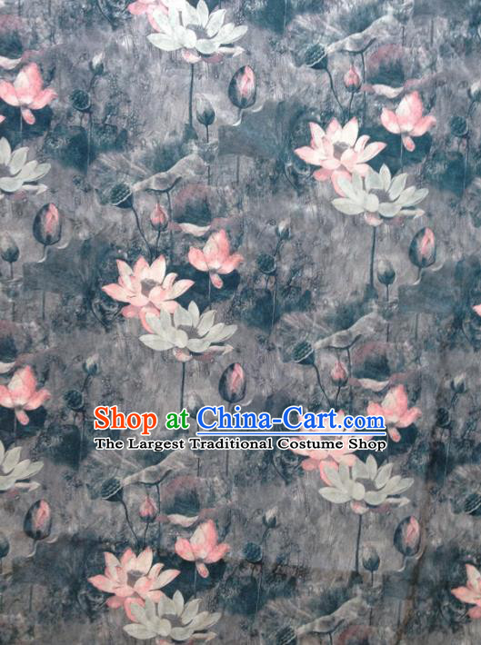 Chinese Traditional Lotus Pattern Design Grey Satin Hanfu Brocade Fabric Asian Silk Material