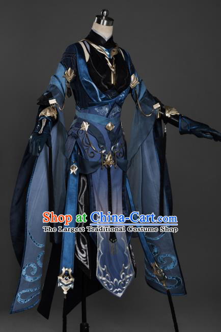 Chinese Ancient Cosplay Female General Heroine Navy Dress Traditional Hanfu Princess Swordsman Costume for Women