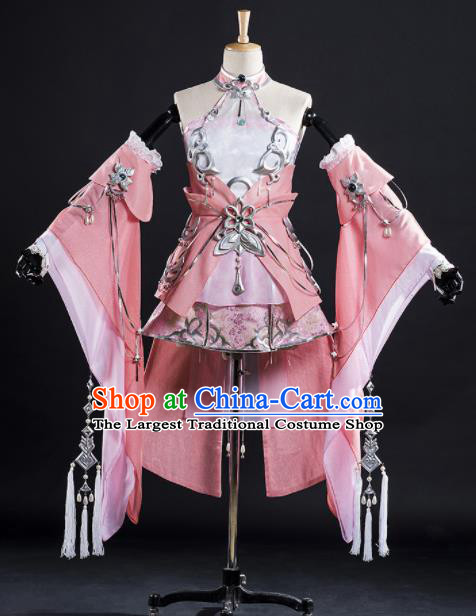 Chinese Ancient Cosplay Fairy Princess Pink Short Dress Traditional Hanfu Female Knight Swordsman Costume for Women